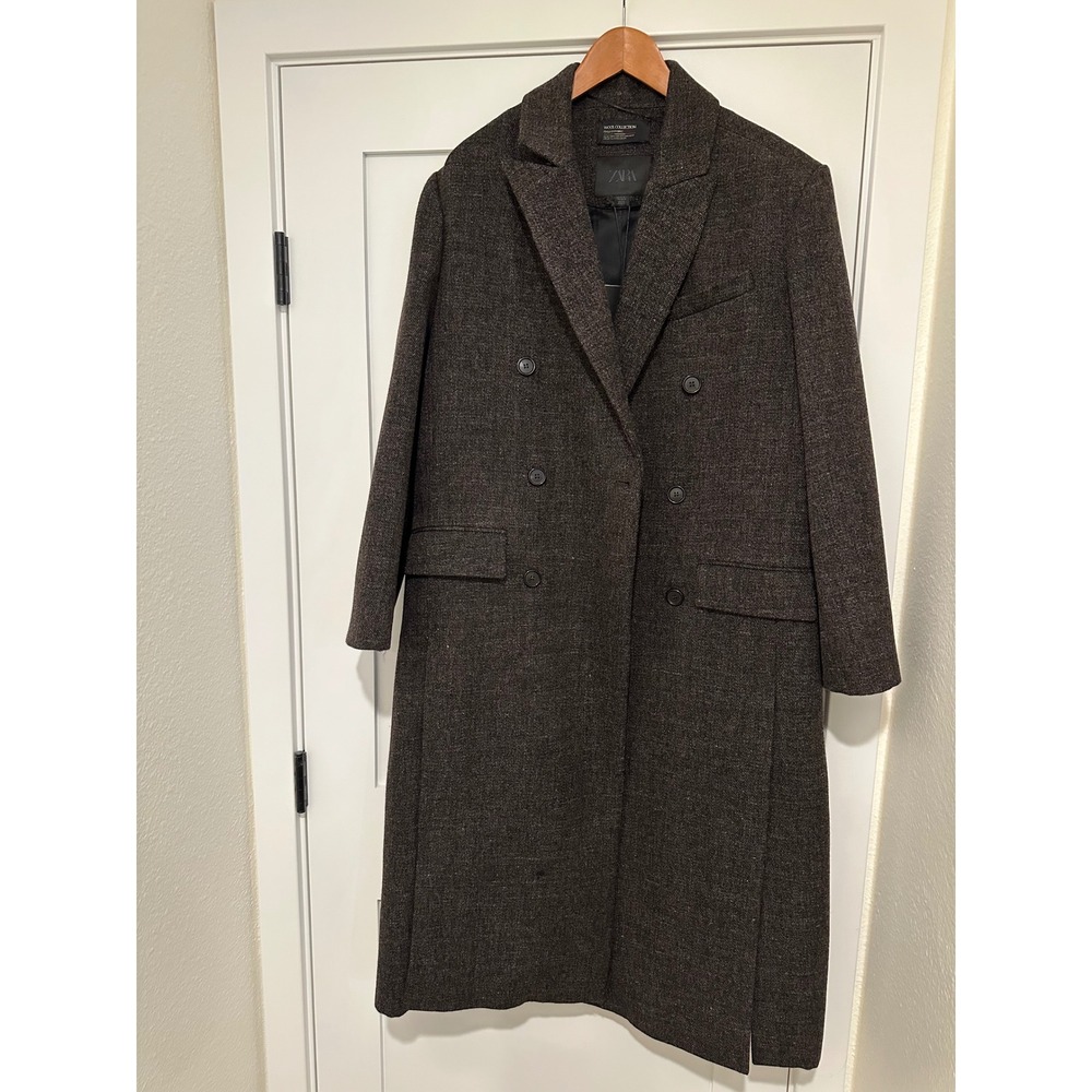 NWT Zara Wool Blend Coat with Vents ZW Collection Brown Marl M-L